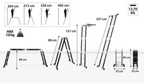 Scala multifunzionale in alluminio 4 x 3 gradini - 125 kg + piattaforma