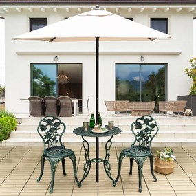 Costway Set 3 pezzi da esterno in ghisa e alluminio, Tavolo con foro per ombrellone e 2 sedie da giardino
