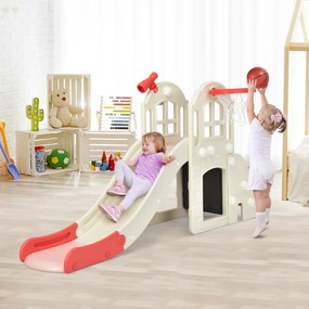Costway Scivolo grande per bambini 6 in 1 con canestro palla lancio dell'anello e cannocchiale, Set da gioco Rosa