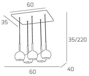 Sospensione Contemp. Rosone Rett. Future Metallo Cromo Vetro Trasp. 5 Luci E27