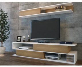 Parete Attrezzata Soggiorno 176 Cm Mobile Porta TV Con Ante Bianco E Teak Sims