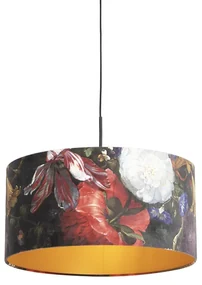 Lampada a sospensione con paralume in velluto con fiori dorati 50 cm - Combi