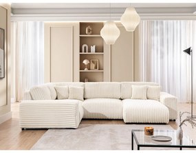 Divano angolare color crema (con penisola a sinistra/a U) rivestito in velluto a coste Justin – Ropez