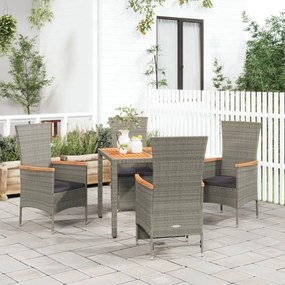 Set da pranzo da giardino 5 pz con cuscini in polyrattan grigio