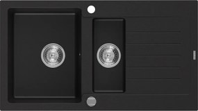Mexen Matias lavello in granito 1,5 vasca con gocciolatoio 900 x 505 mm, nero, sifone cromato - 6502901505-77