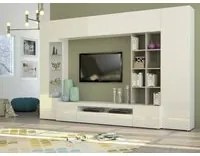 Parete attrezzata da soggiorno, Made in Italy, Mobile porta TV, Set salotto moderno, cm 290x40h192, Bianco lucido e Cemento