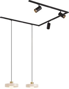 Sistema a binario moderno nero con 2 lampade a sospensione bianche e 3 faretti monofase - Iconic Jeana Luxe Jina