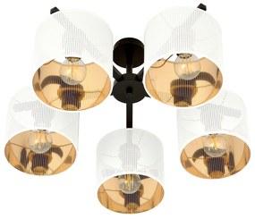 Plafoniera Industrial 5 Luci Cigno In Acciaio Bianco E Paralumi A Cilindro Oro