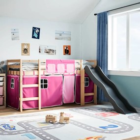 Letto A Soppalco Con Tende Bambini Rosa 90x190 Cm Massello Pino /