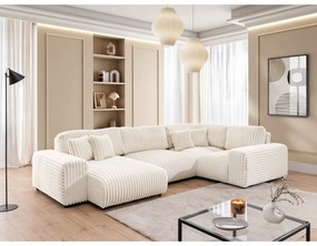 Divano angolare color crema (con penisola a destra/a U) rivestito in velluto a coste Justin – Ropez