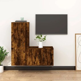Set Mobili Porta Tv 2 Pz Rovere Fumo İn Legno Multistrato /