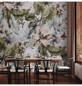 Carta da parati - Nature in retro style - jungle landscape with pale leaves and flowers Lavabile 250x175