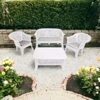 Set salotto da esterno Brescia, Set da giardino con 2 sedie, 1 panchina e 1 tavolino, Salottino indoor effetto rattan, 100% Made in Italy, Cm 134x72h76, Bianco