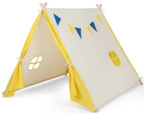 Costway Tenda da gioco per bambini con struttura in legno massiccio, Casa triangolare con bandiere decorative Beige