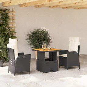 Set Da Pranzo Da Giardino 3 Pz Con Cuscini Nero İn Polyrattan /