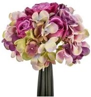 Set 3 Bouquet Artificiali Composto da 11 Fiori di Rose e Ortensie Altezza 20 cm Rosa