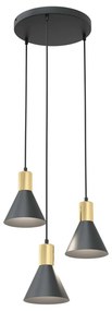 Lampadario 3 Luci Heimdall Base Tonda In Acciaio Nero E Paralumi Conici Nero E Oro