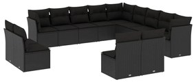 Set divani da giardino 13pz con cuscini nero in polyrattan