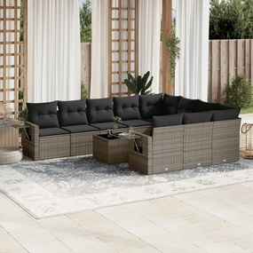 Set divani da giardino 11 pz con cuscini in polyrattan grigio