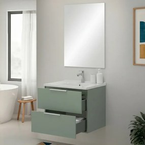 Mobile bagno sospeso 60cm verde opaco con cassetti lavabo e specchio Elva