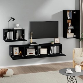 Set mobili porta tv 4 pz nero in legno multistrato