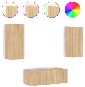 Mobili tv a muro con led 4pz rovere sonoma legno multistrato