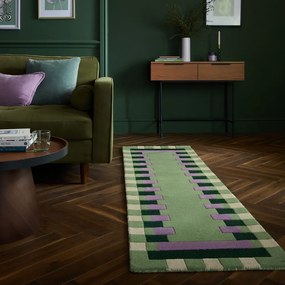 Passatoia verde in lana e viola tessuto a mano 60x230 cm Kai Wool Border - Flair Rugs