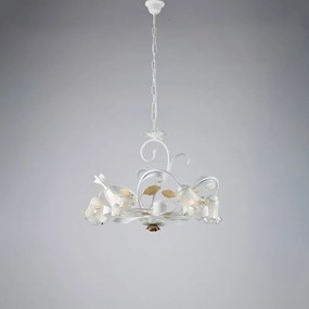 Lampadario Arte Povera Cesto Metallo Bianco E Oro 5 Luci E14