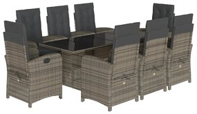 Set da pranzo da giardino 9 pz con cuscini in polyrattan grigio