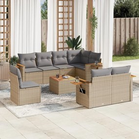 Set divano da giardino 9 pz con cuscini beige in polyrattan