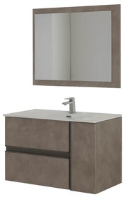 Mobile Bagno Sospeso 90 Cm Due Cassetti Un Anta Specchio Feridras "Oxid" Beton Cenere