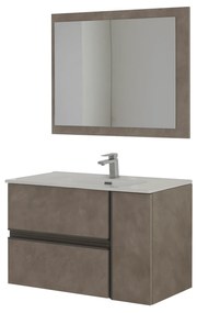 Mobile Bagno Sospeso 90 Cm Due Cassetti Un Anta Specchio Su Pannello 90x70 Cm Feridras "Oxid" Beton Cenere
