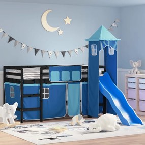 Letto A Soppalco Con Torre Bambini Blu 90x200cm Massello Pino /