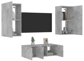Mobili tv a muro con led 4pz grigio cemento legno multistrato