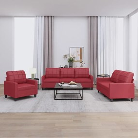Set Di Divani 3 Pz Con Cuscini Rosso Vino İn Similpelle /