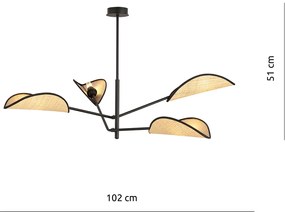 Lampadario 4 Luci Eridano In Acciao Nero E Rattan Con Bracci Mobili