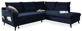 Divano letto angolare in velluto blu scuro L, angolo destro Stylish Stan - Miuform