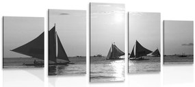 Quadri 5 pezzi – Splendido tramonto sul mare in bianco e nero