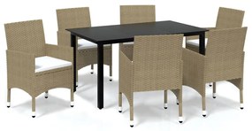 Set pranzo da giardino 7 pz con cuscini in polyrattan beige