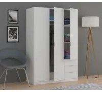 Guardaroba Warren, Armadio per camera da letto a 3 ante e 3 cassetti, Mobile con 3 ripiani e barra appendiabiti, cm 121x52h180, Bianco