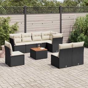 Set divani da giardino 9 pz con cuscini nero in polyrattan