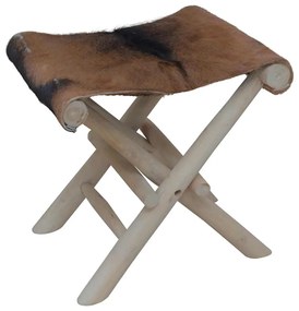 Sgabello Pieghevole İn Vera Pelle Di Capra E Legno Di Teak /