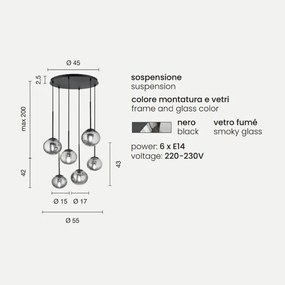 Lampada a sospensione JEWEL in metallo e vetro soffiato 55 cm 6 Luci verticale Nero