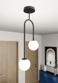 Lampada A Soffitto 2 Luci Atria In Acciaio Nero E Sfere In Vetro Opale