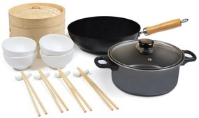 Wok Set 22 Pezzi Carbon Steel per Cucina Giapponese con Casseruola Collection Kyoyo Nero