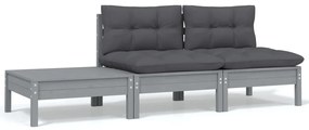 Set divani da giardino 3 pz grigio cuscini massello di pino