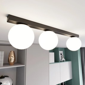 Plafoniera Moderna 3 Luci Giapeto Barra In Acciaio Nero E Sfere Di Vetro Opale