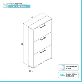 Scarpiera salvaspazio con tre ante a ribalta in legno bianco H 112 cm