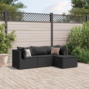 Set divani da giardino 4 pz con cuscini nero in polyrattan