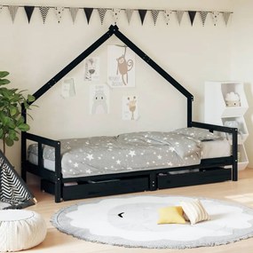 Giroletto Bambini Con Cassetti Nero 80x200cm Massello Di Pino /